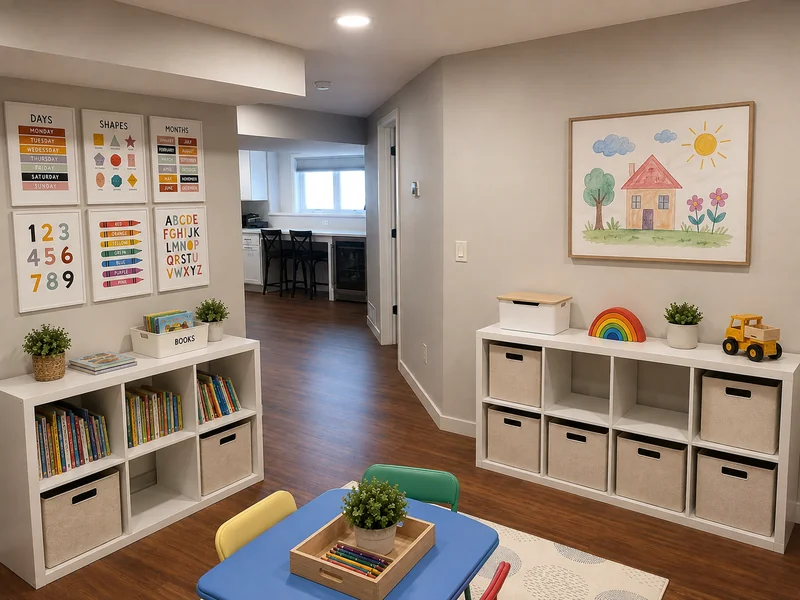 A finished basement playroom with built in storage