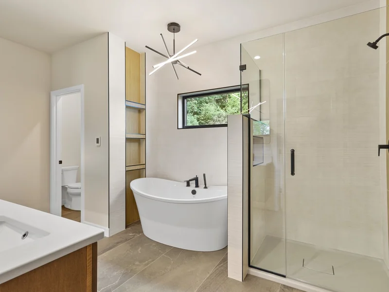 Modern Primary Bath with Freestanding Tub